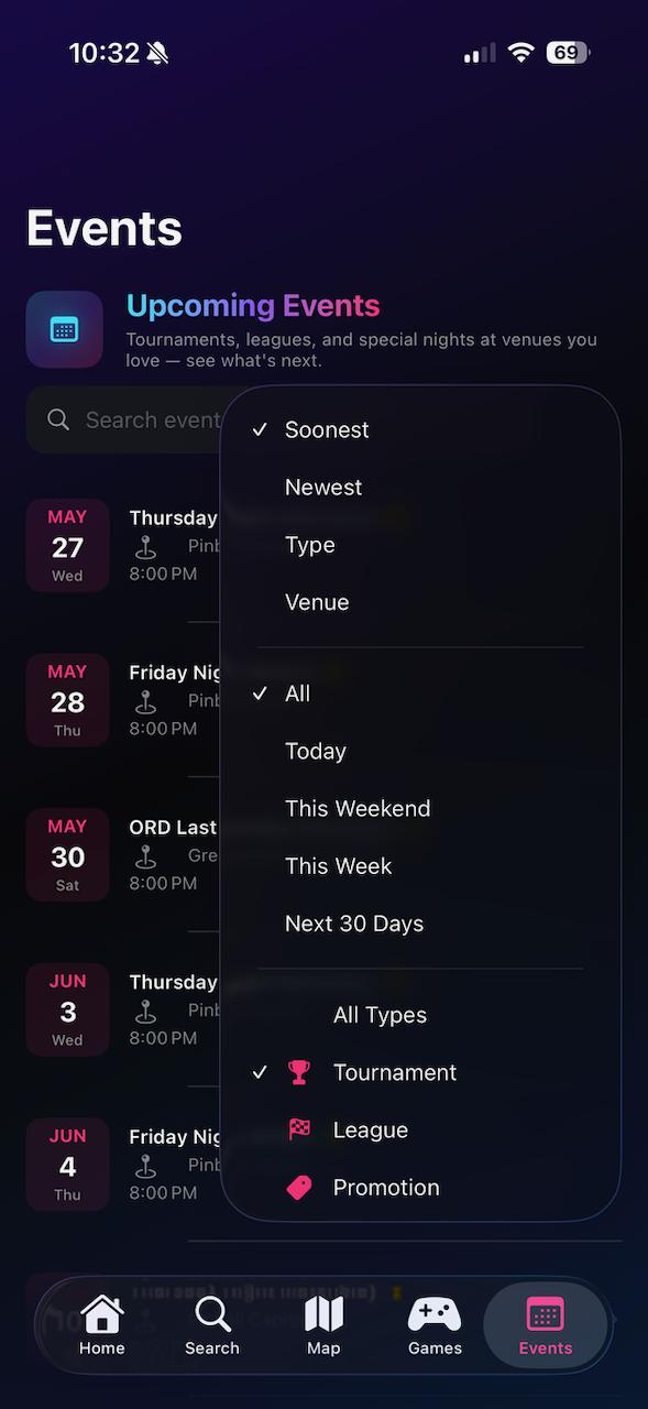 Upcoming events at a venue